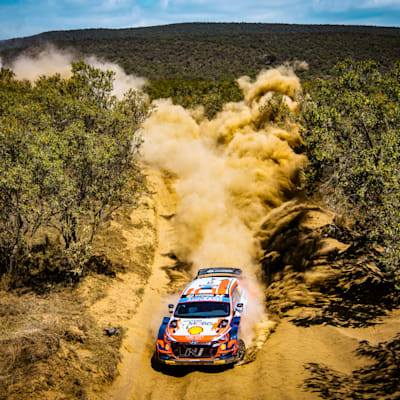 Ott Tanak (EST) and Martin Jarveoja (EST) of team Hyundai Shell Mobis are seen performing during the World Rally Championship Kenya in Naivasha, Kenya on June 27, 2021.