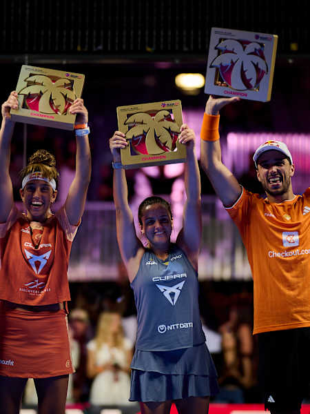 Federico Chingotto, Beatriz Gonzalez Fernandez, Paula Josemaria Martin and Alejandro Galán celebrate with winner trophies at the Miami Premier Padel P1 in the United States, 2026