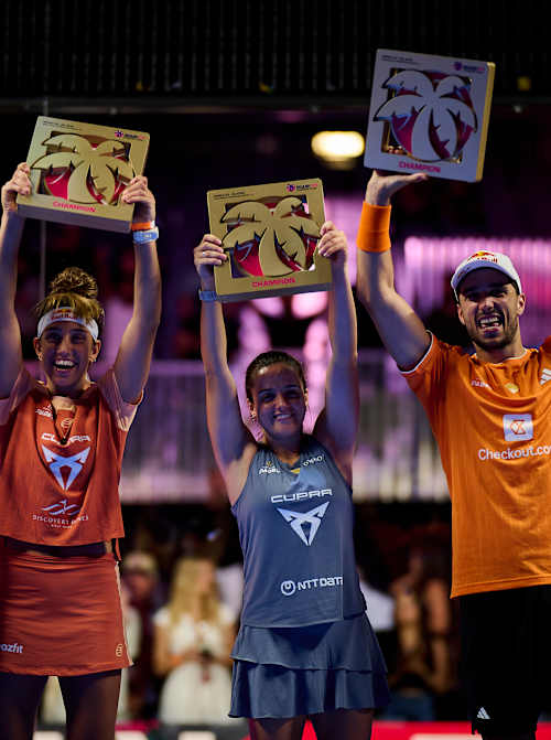 Federico Chingotto, Beatriz Gonzalez Fernandez, Paula Josemaria Martin and Alejandro Galán celebrate with winner trophies at the Miami Premier Padel P1 in the United States, 2026