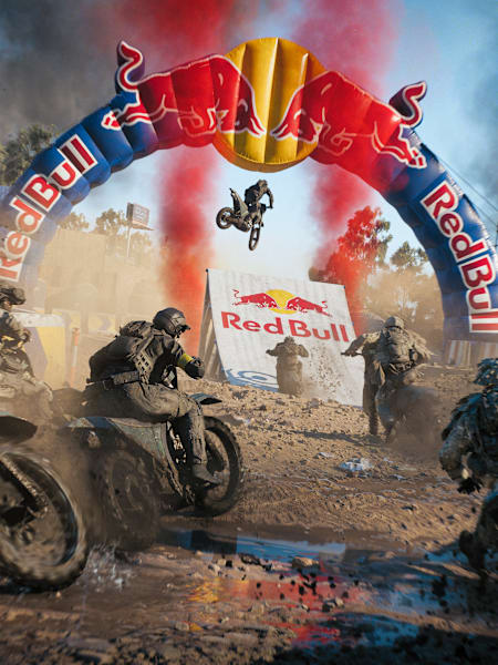Motorcyclists race through an inflatable Red Bull arch in a scene from Battlefield 6's REDSEC.