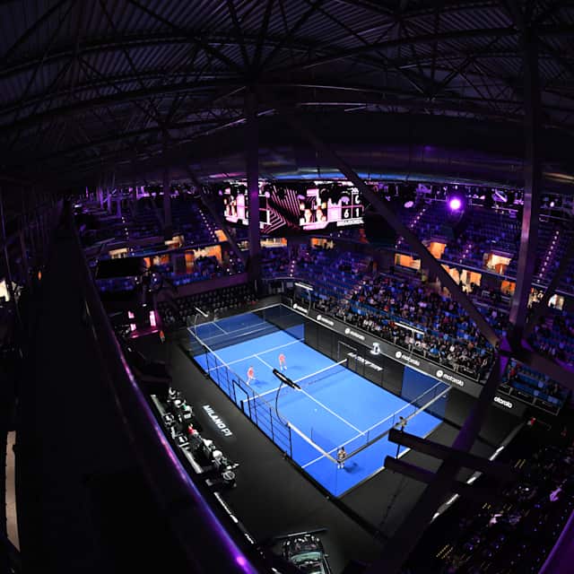Overview of the court during a Premier Padel tournament match.