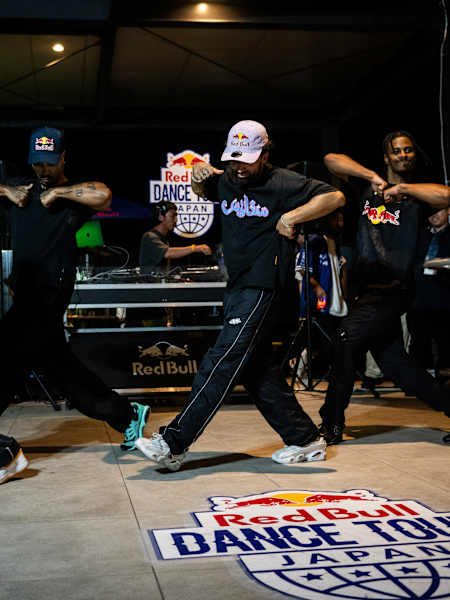 Red Bull Dancers Diablo, Majid, Stalamuerte, and The D-Soraki perform dynamic moves at the Red Bull Dance Tour 2024 in Fukuoka City, Japan, showcasing high-energy street dance talent.