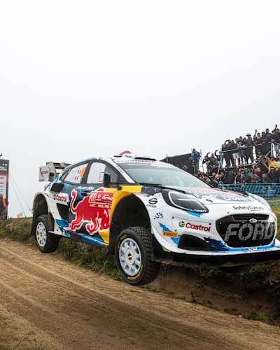 Adrien Fourmaux (FRA) and Alexandre Coria (FRA) of team M-SPORT FORD WORLD RALLY TEAMare seen racing during the World Rally Championship Portugal in Porto, Portugal on 12 May 2024