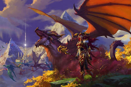 Eine humanoide Frau steht neben einem Drachen. Im Hintergrund fliegen weitere Drachen durch ein Tal.