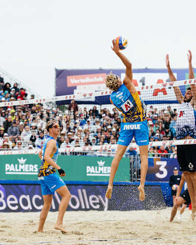 David Ahman and Jonatan Hellvig competing at the A1 CEV BeachVolley Nations Cup 2023 in Vienna, Austria on August 6, 2023 