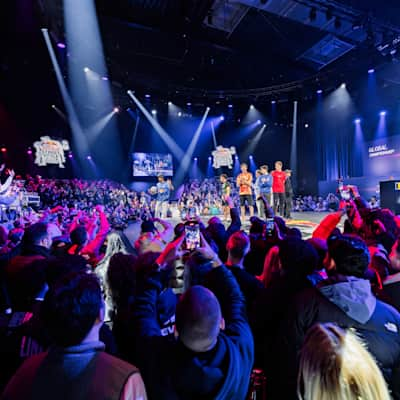 Freestyle soccer players on stage at the Red Bull Street Style Global Championship final in Brussels, Belgium, on December 7, 2023.