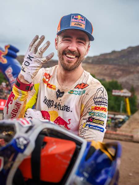 Manuel Lettenbichler celebrates his fourth win during the Red Bull Erzbergrodeo 2025 in Eisenerz, Austria on June 1, 2025.