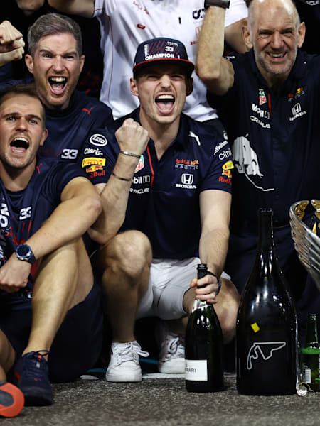 Race winner and 2021 F1 World Drivers Champion Max Verstappen of Netherlands and Red Bull Racing celebrates after the F1 Grand Prix of Abu Dhabi at Yas Marina Circuit on December 12, 2021.