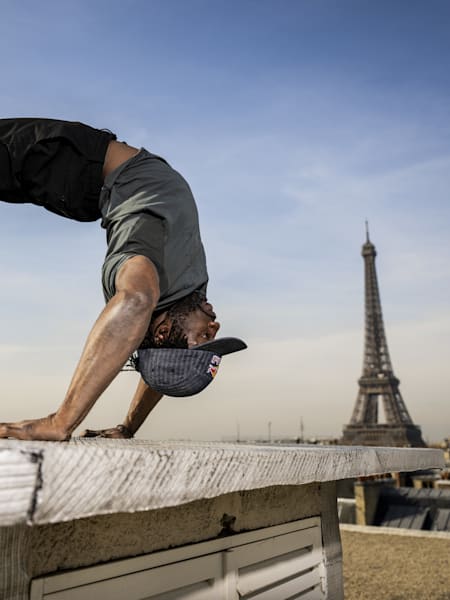 B-Boy Junior from France poses for a portrait on a rooftop of Paris, France on February 9, 2023. 