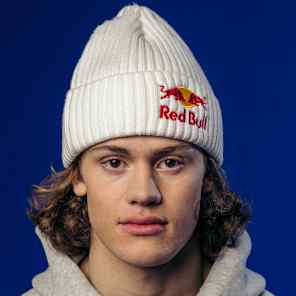 Lucas Braathen, sporting a Red Bull beanie and hoodie, is pictured in a professional portrait taken in Kvitfjell, Norway, on April 3, 2024.
