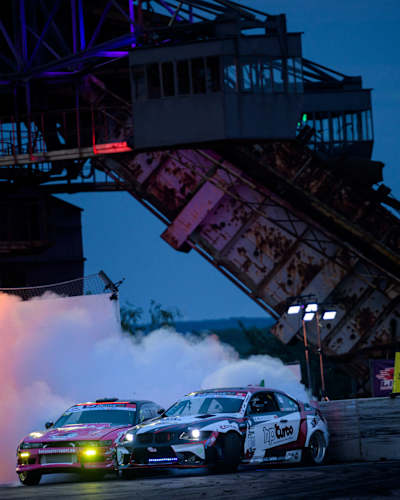 Smoke and sparks fly as competitors duel in the Drift Masters European Championship fifth stop at Ferropolis Park in Graefenhainichen, Germany, August 2023