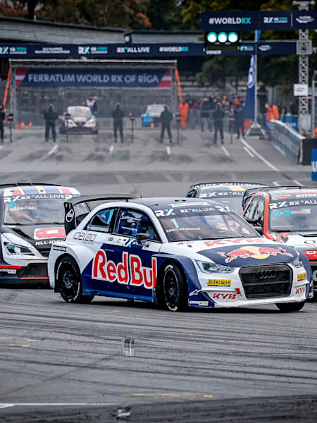 World RX driver Johan Kristoffersson leads World RX driver Timmy Hansen and Niclas Gronholm at the final, Riga, Latvia on September 19, 2021.