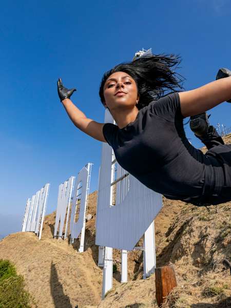Michelle Khare, aka “YouTube’s daredevil,” was photographed for The Red Bulletin at the Hollywood sign on July 2.