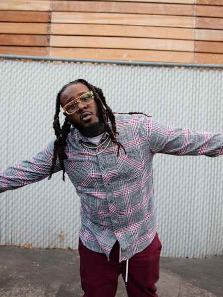 A photo of US rapper and producer T-Pain posing outside Red Bull Studios in Santa Monica, CA, USA, in 2018.