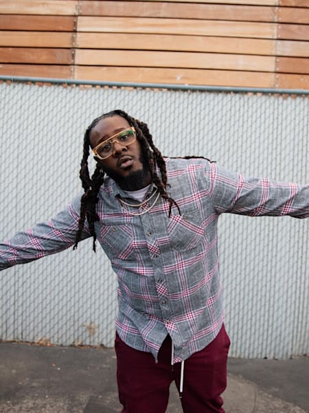 A photo of US rapper and producer T-Pain posing outside Red Bull Studios in Santa Monica, CA, USA, in 2018.