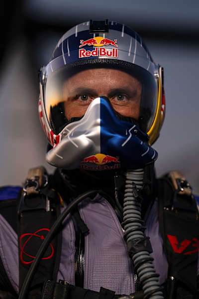 Sebastián Álvarez wearing a custom-made helmet for his Red Bull Starman Mission wingsuit flight project