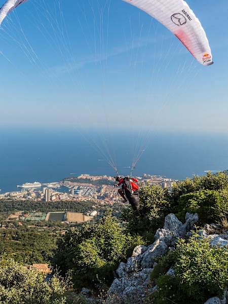 Paul Guschlbauer (AUT1) performs at the finish during the Red Bull X-Alps, Peille, France on July 14th 2015