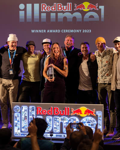 The category winners gather together on stage at the 2023 Red Bull Illume award ceremony in Sölden, Austria. 