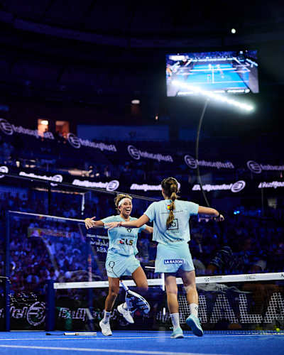 Beatriz González Fernandez and Claudia Fernández Sanchez celebrate the win of the Malaga Premier Padel P1 in Malaga, Spain on July 20, 2025