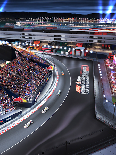 A night-time aerial view of Red Bull Energy Station Las Vegas & Oracle Red Bull Racing Fan Grandstands.