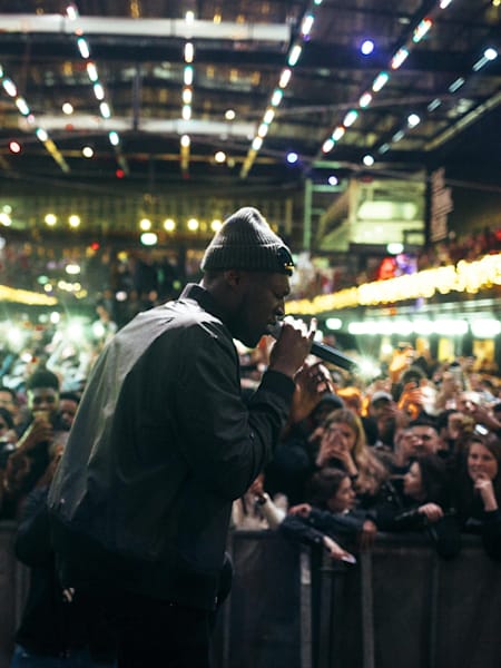 Stormzy performs live at Croydon Boxpark, London.