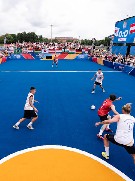 Participants perform at the Red Bull Four 2 Score World Final in Leipzig, Germany on August 5, 2023.