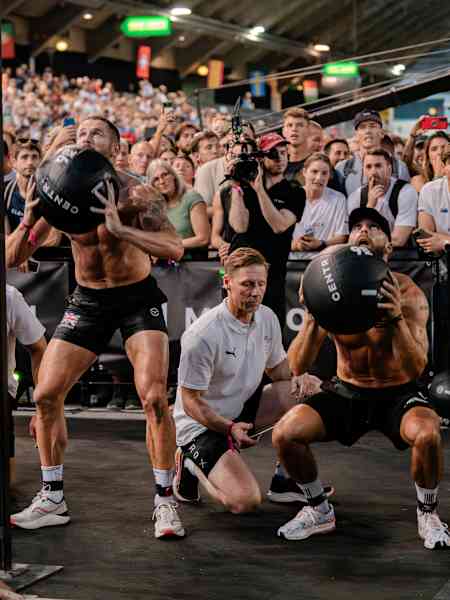 Participants perform at the Hyrox World Championship in Nice, France, on June 7, 2024.