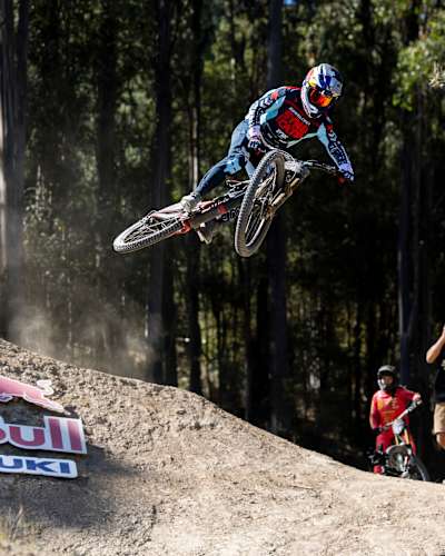 Laurie Greenland performs during  practice at Red Bull Hardline  in Maydena Bike Park,  Australia on February 05,  2025