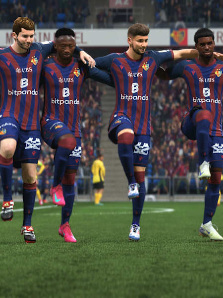 Vier Spieler des FC Basel bejubeln in FC 26 ein Tor.