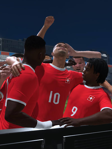 Spieler der Schweizer Nationalmannschaft bejubeln ein Tor in EA FC 27.