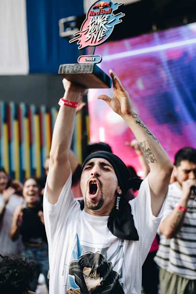 José Monstarz holds the trophy at Red Bull Dance Your Style at GAM cultural centre in Santiago, Chile on October 9th, 2021.
