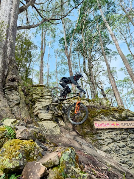 The winner, Ronan Dunne, pushes himself to the limit at Maydena Bike Park.