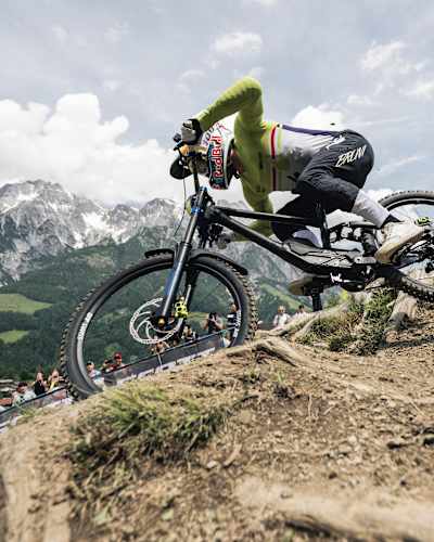 Loïc Bruni performs at UCI DH World Cup in Leogang, Austria on June 09, 2024 