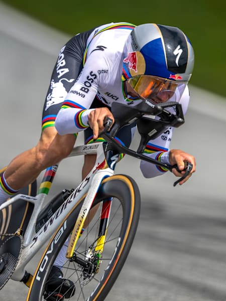 Remco Evenepoel of Red Bull – BORA – hansgrohe rides his time trial bike at the Red Bull Ring in Spielberg, Austria, on 8 August 2026.