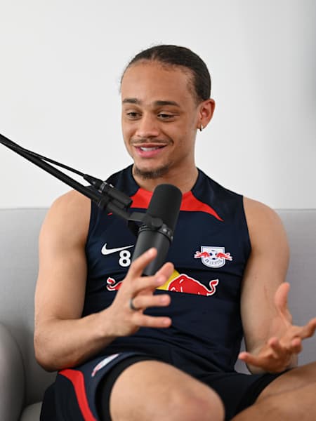 Xavi Simons seen during recording of the Mind Set Win podcast in Leipzig, Germany on April 9, 2024