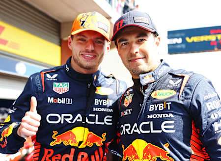 Max Verstappen and Sergio Pérez of Oracle Red Bull Racing at the Belgian Grand Prix 2023.