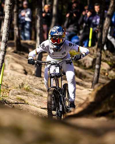 Jackson Goldstone performs during the race at UCI Mountain Bike World Cup 2025 - Mont-Saint-Anne, Canada on October 11, 2025.