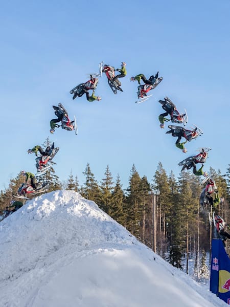 Sweden's Daniel Bodin performs the world's first Double Backflip on a snowmobile in Malung, Sweden