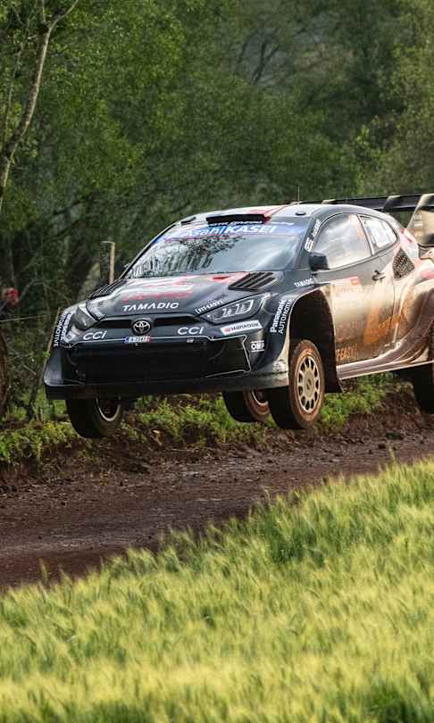 Sébastien Ogier of Toyota Gazoo Racing launches over a jump on the rugged roads of Encarnacion at the 2025 Rally Paraguay. 