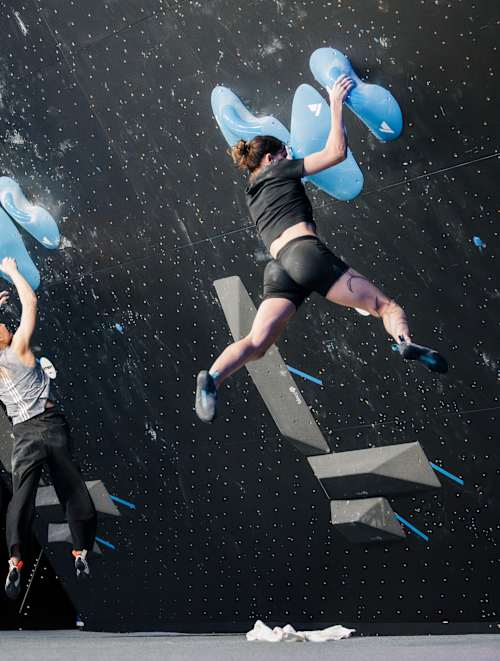Oriane Bertone of France and Janja Garnbret of Slovenia compete at the Pro Climbing League debut event in London, United Kingdom, on February 28, 2026. 
