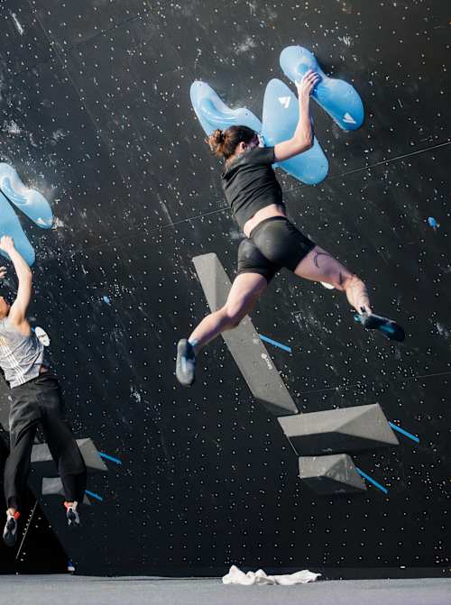 Oriane Bertone of France and Janja Garnbret of Slovenia compete at the Pro Climbing League debut event in London, United Kingdom, on February 28, 2026. 