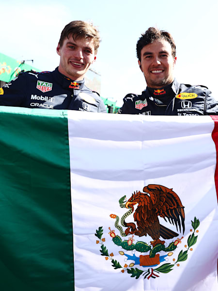 Max Verstappen and Sergio Pérez of Red Bull Racing Honda at the Mexican Grand Prix on November 7, 2021.