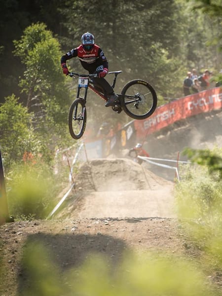 Luca Shaw riding during race day at the Fort William DH World Cup 2016 on June 5, 2016.
