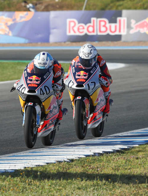 Gabriel Tesini, Yaroslav Karpushin und David Da Costa beim Red Bull MotoGP Rookies Cup am 27. April 2025 in Jerez, Spanien.