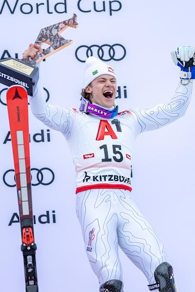 Lucas Braathen celebrates his podium finish in the Slalom race at the Kitzbühel World Cup.