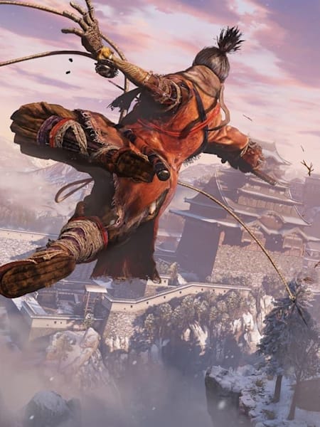 Promotional image of Sekiro using a grappling hook in the video game Sekiro: Shadows Die Twice.