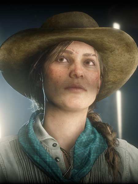 A promotional screenshot of Sadie Adler in Red Dead Redemption 2.