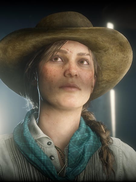 A promotional screenshot of Sadie Adler in Red Dead Redemption 2.