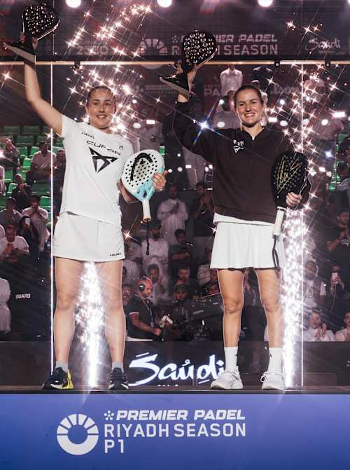 Andrea Ustero Prieto and Ariana Sánchez Fallada pose with their winner trophies at the Premier Padel Riyadh Season P1 , Saudi Arabia on February 14, 2026.