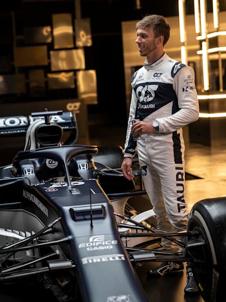 Scuderia AlphaTauri drivers Pierre Gasly and Yuki Tsunoda seen at the launch of the team’s new livery for their AT02 cars ahead of the 2021 Formula One season.